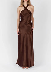 Cross Halter Open Back Tie-Back Solid Satin Maxi Slip Dress