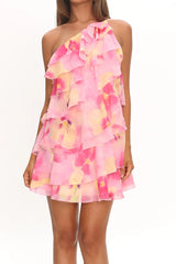 Pink Floral Halter Ruffled Chiffon Party Dress